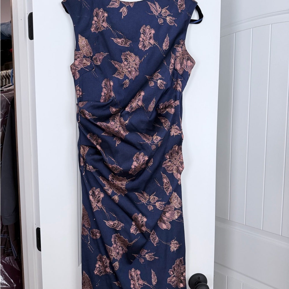 Betsy & Adam Navy and Rose Gold Floral Midi Dress